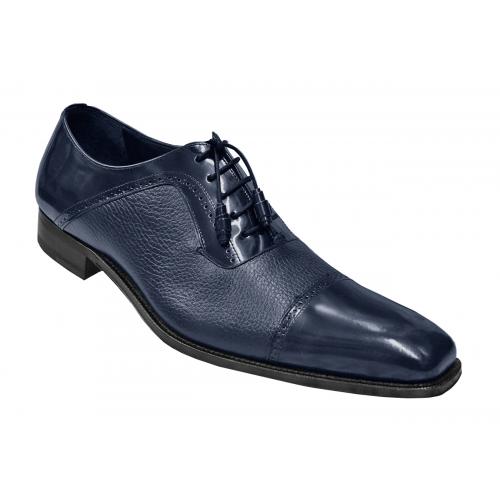 Mezlan "Durham" Navy Blue Genuine Deerskin / Polished Calfskin Leather Cap Toe Shoes 15959